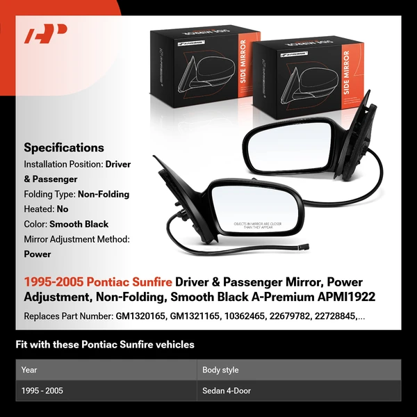 1995-2005 Pontiac Sunfire Driver & Passenger Mirror, Power Adjustment, Non-Folding, Smooth Black A-Premium APMI1922