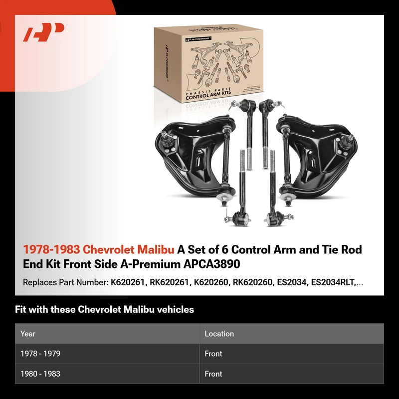 1978-1983 Chevrolet Malibu A Set of 6 Control Arm and Tie Rod End Kit Front Side A-Premium APCA3890