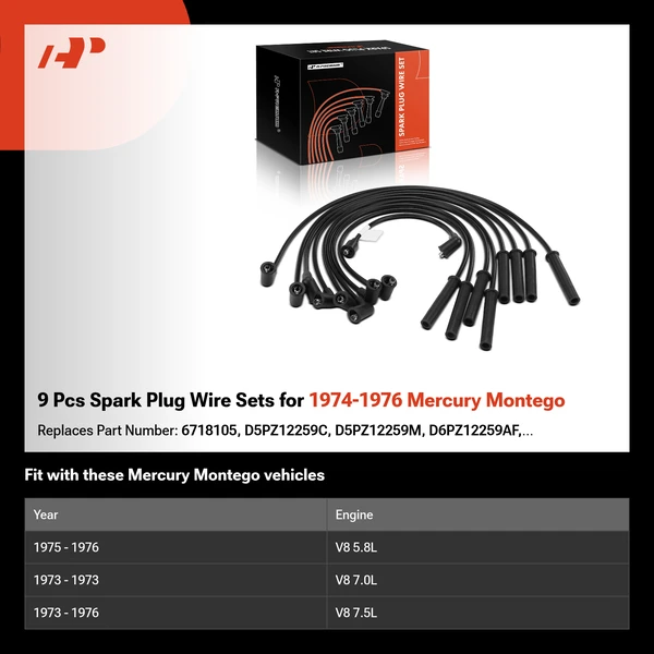 9 Pcs Spark Plug Wire Sets for 1974-1976 Mercury Montego