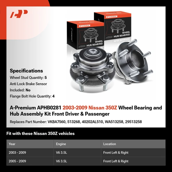 A-Premium APHB0281 2003-2009 Nissan 350Z Wheel Bearing and Hub Assembly Kit Front Driver & Passenger