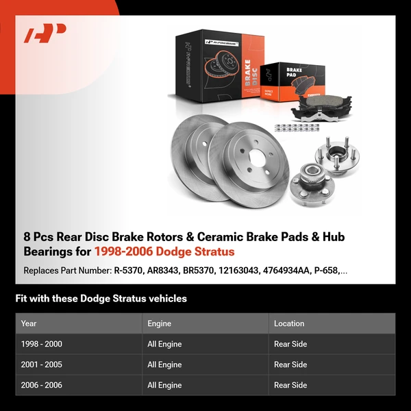 8 Pcs Rear Disc Brake Rotors & Ceramic Brake Pads & Hub Bearings for 1998-2006 Dodge Stratus