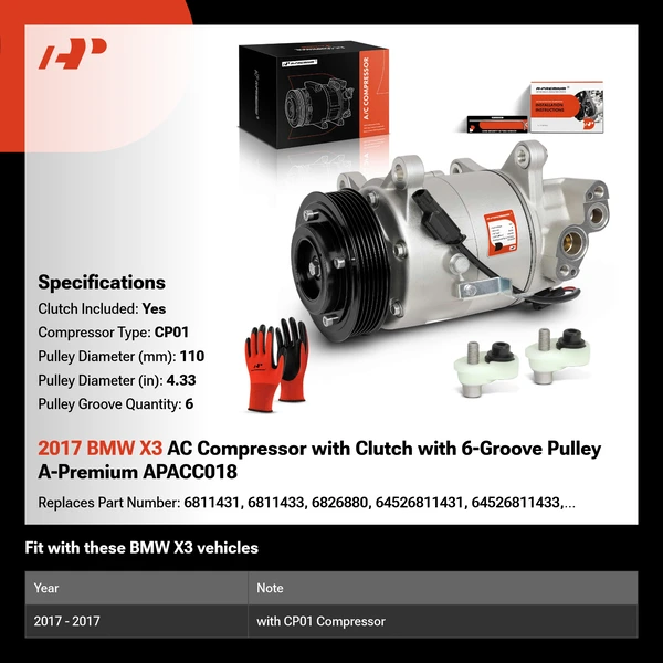 2017 BMW X3 AC Compressor with Clutch with 6-Groove Pulley A-Premium APACC018