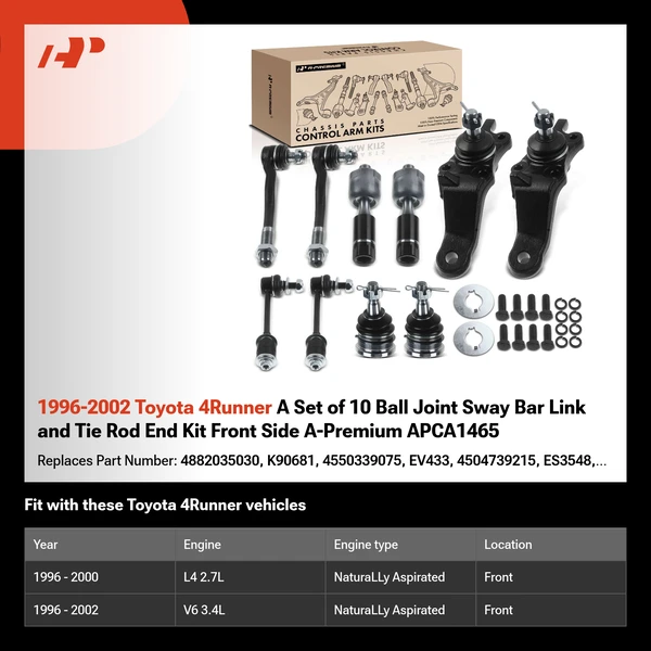 1996-2002 Toyota 4Runner A Set of 10 Ball Joint Sway Bar Link and Tie Rod End Kit Front Side A-Premium APCA1465