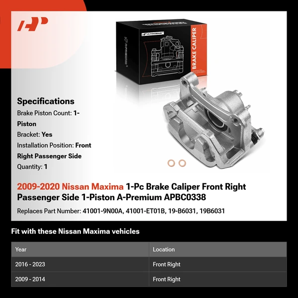 2009-2020 Nissan Maxima 1-Pc Brake Caliper Front Right Passenger Side 1-Piston A-Premium APBC0338