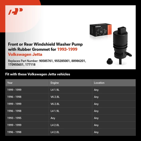 Front or Rear Windshield Washer Pump with Rubber Grommet for 1993-1999 Volkswagen Jetta