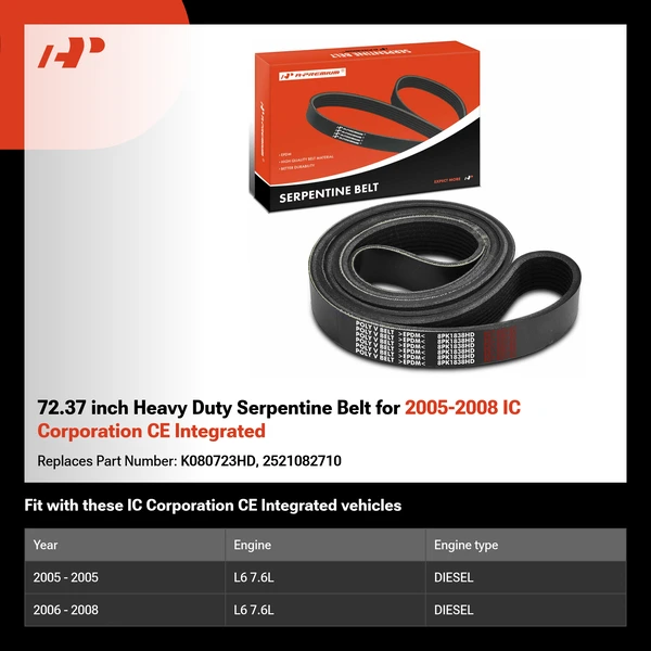 72.37 inch Heavy Duty Serpentine Belt for 2005-2008 IC Corporation CE Integrated