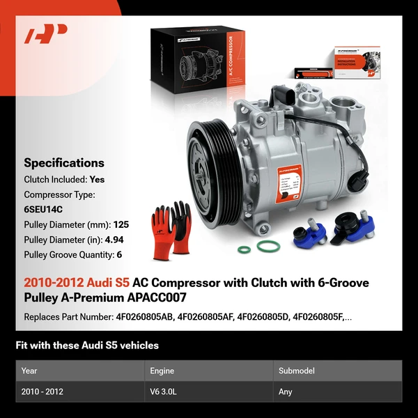 2010-2012 Audi S5 AC Compressor with Clutch with 6-Groove Pulley A-Premium APACC007