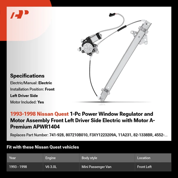 1993-1998 Nissan Quest 1-Pc Power Window Regulator and Motor Assembly Front Left Driver Side Electric with Motor A-Premium APWR1404