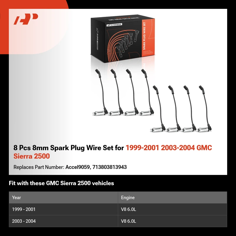 8 Pcs 8mm Spark Plug Wire Set for 1999-2001 2003-2004 GMC Sierra 2500