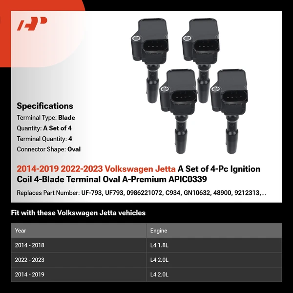 2014-2019 2022-2023 Volkswagen Jetta A Set of 4-Pc Ignition Coil 4-Blade Terminal Oval A-Premium APIC0339