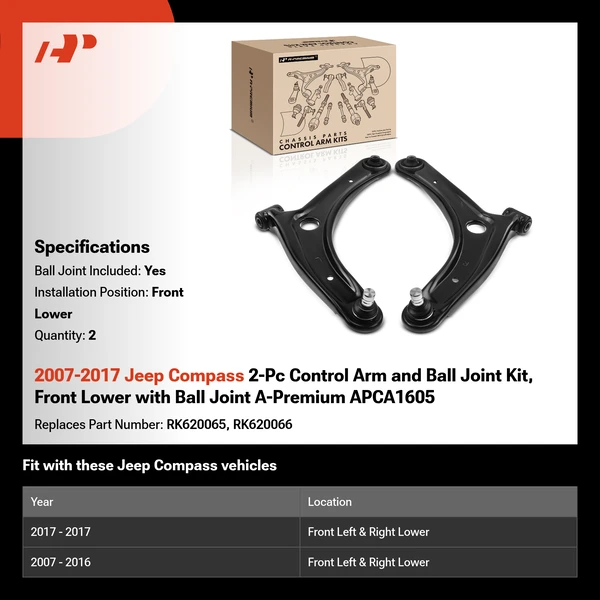 2007-2017 Jeep Compass 2-Pc Control Arm and Ball Joint Kit, Front Lower with Ball Joint A-Premium APCA1605