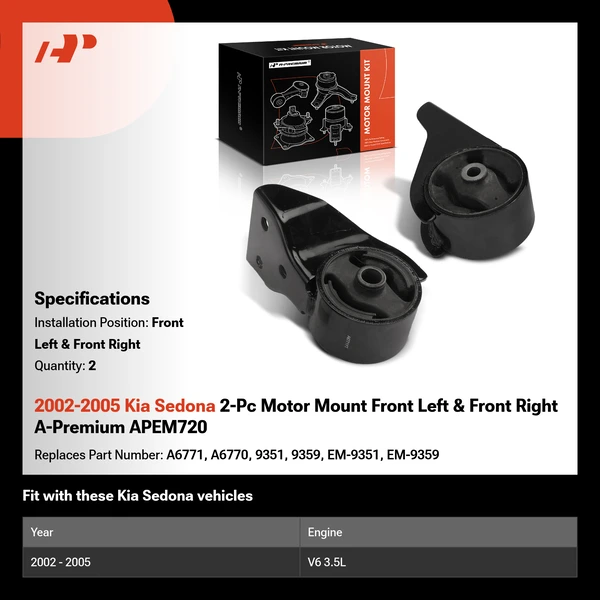 2002-2005 Kia Sedona 2-Pc Motor Mount Front Left & Front Right A-Premium APEM720