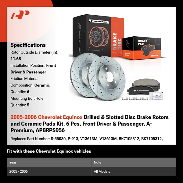 2005-2006 Chevrolet Equinox Drilled & Slotted Disc Brake Rotors and Ceramic Pads Kit, 6 Pcs, Front Driver & Passenger, A-Premium, APBRPS956