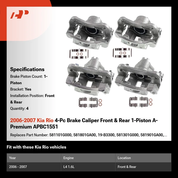 2006-2007 Kia Rio 4-Pc Brake Caliper Front & Rear 1-Piston A-Premium APBC1551