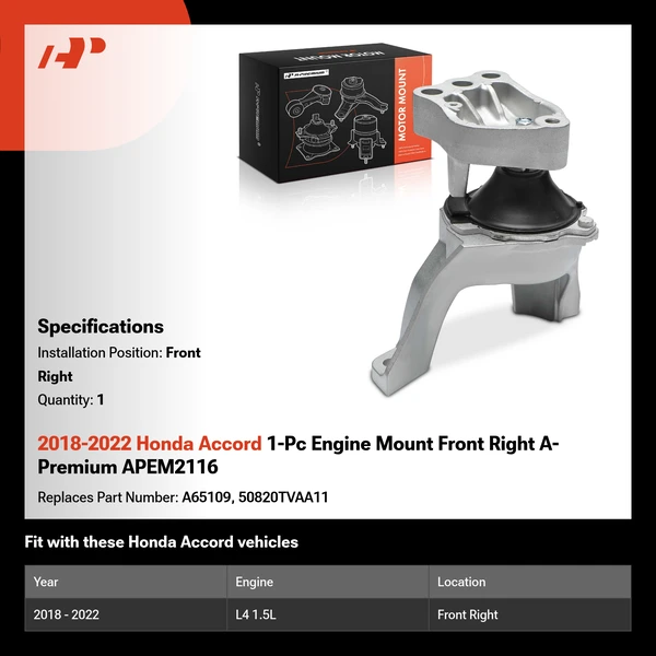 2018-2022 Honda Accord 1-Pc Engine Mount Front Right A-Premium APEM2116