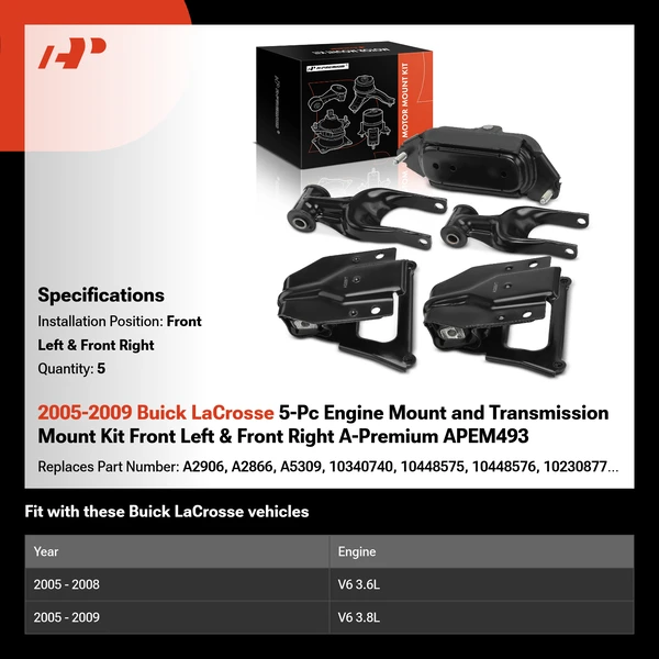 2005-2009 Buick LaCrosse 5-Pc Engine Mount and Transmission Mount Kit Front Left & Front Right A-Premium APEM493