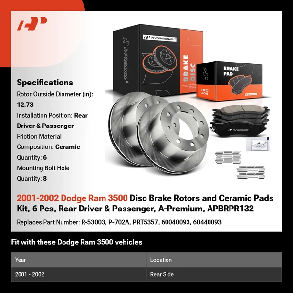 2001-2002 Dodge Ram 3500 Disc Brake Rotors and Ceramic Pads Kit, 6 Pcs, Rear Driver & Passenger, A-Premium, APBRPR132