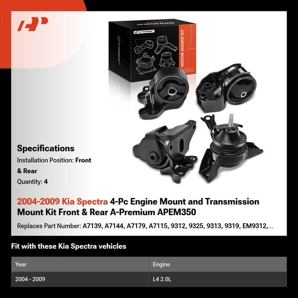2004-2009 Kia Spectra 4-Pc Engine Mount and Transmission Mount Kit Front & Rear A-Premium APEM350
