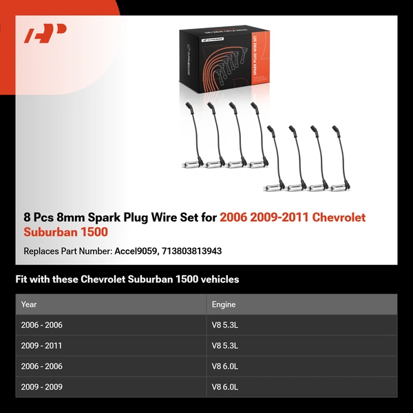 8 Pcs 8mm Spark Plug Wire Set for 2006 2009-2011 Chevrolet Suburban 1500