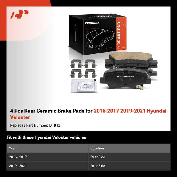 4 Pcs Rear Ceramic Brake Pads for 2016-2017 2019-2021 Hyundai Veloster