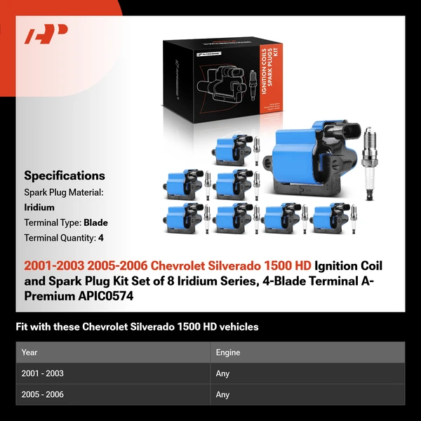 2001-2003 2005-2006 Chevrolet Silverado 1500 HD Ignition Coil and Spark Plug Kit Set of 8 Iridium Series, 4-Blade Terminal A-Premium APIC0574