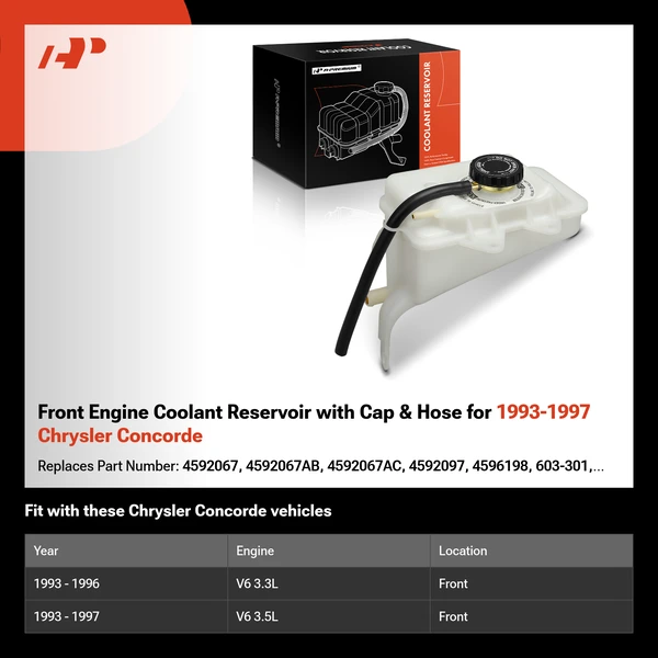 Front Engine Coolant Reservoir with Cap & Hose for 1993-1997 Chrysler Concorde