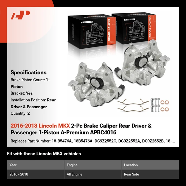 2016-2018 Lincoln MKX 2-Pc Brake Caliper Rear Driver & Passenger 1-Piston A-Premium APBC4016