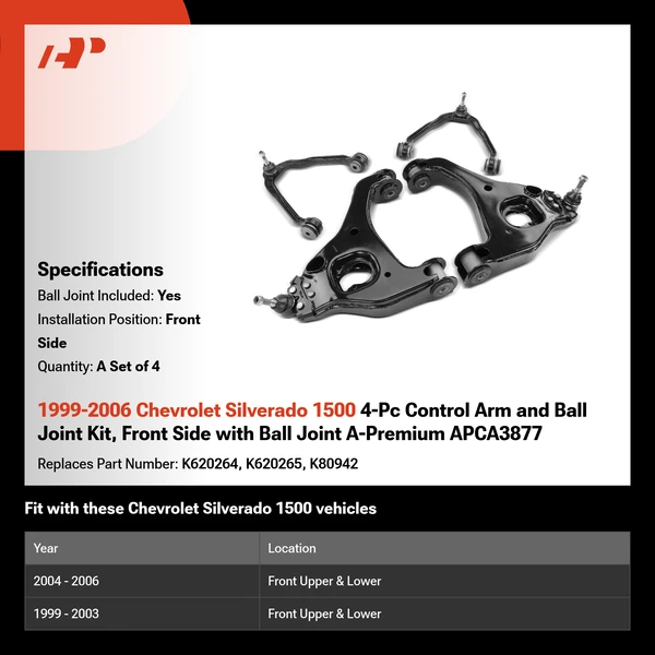 1999-2006 Chevrolet Silverado 1500 4-Pc Control Arm and Ball Joint Kit, Front Side with Ball Joint A-Premium APCA3877
