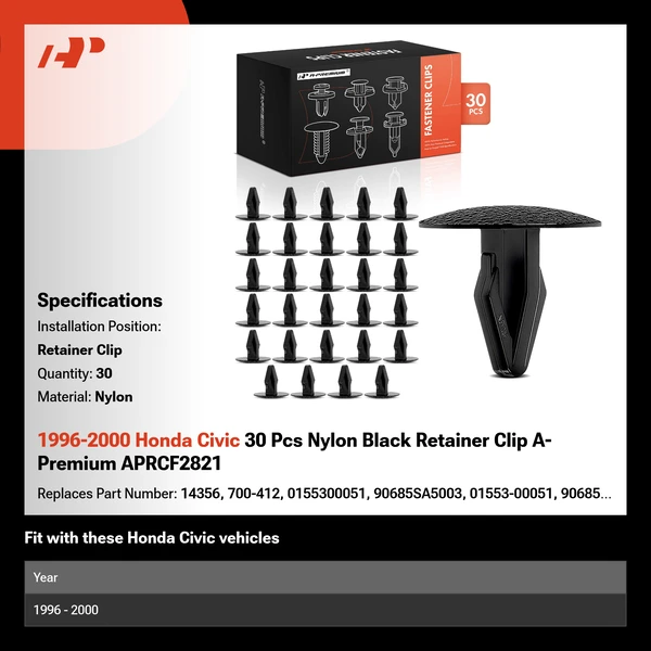 1996-2000 Honda Civic 30 Pcs Nylon Black Retainer Clip A-Premium APRCF2821