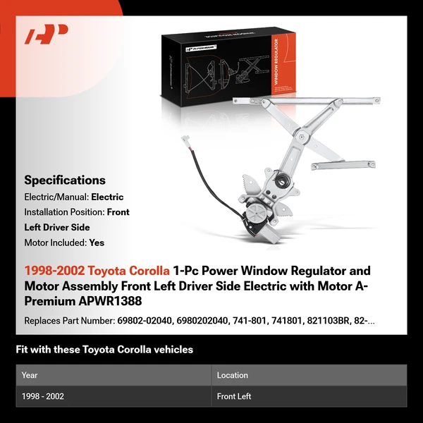 1998-2002 Toyota Corolla 1-Pc Power Window Regulator and Motor Assembly Front Left Driver Side Electric with Motor A-Premium APWR1388