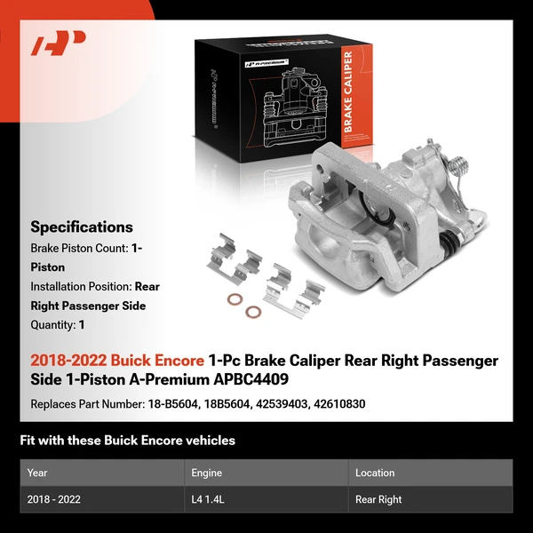 2018-2022 Buick Encore 1-Pc Brake Caliper Rear Right Passenger Side 1-Piston A-Premium APBC4409