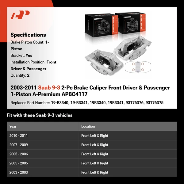 2003-2011 Saab 9-3 2-Pc Brake Caliper Front Driver & Passenger 1-Piston A-Premium APBC4117