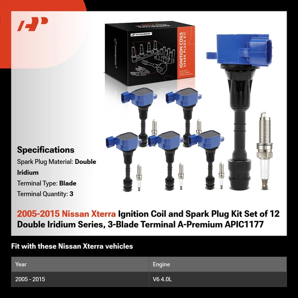 2005-2015 Nissan Xterra Ignition Coil and Spark Plug Kit Set of 12 Double Iridium Series, 3-Blade Terminal A-Premium APIC1177