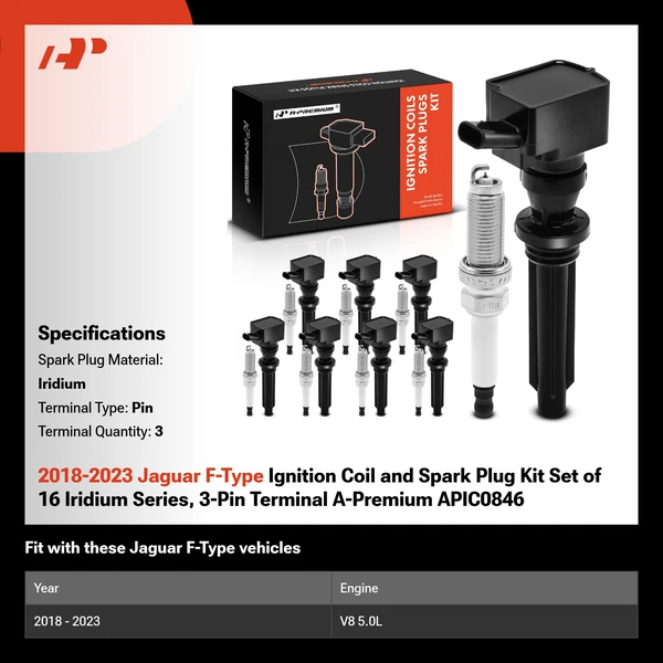 2018-2023 Jaguar F-Type Ignition Coil and Spark Plug Kit Set of 16 Iridium Series, 3-Pin Terminal A-Premium APIC0846