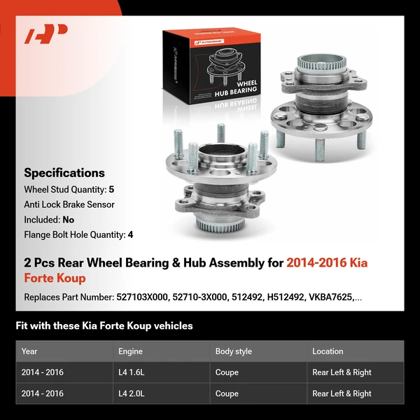 2 Pcs Rear Wheel Bearing & Hub Assembly for 2014-2016 Kia Forte Koup