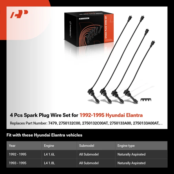 4 Pcs Spark Plug Wire Set for 1992-1995 Hyundai Elantra