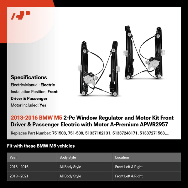 2013-2016 BMW M5 2-Pc Window Regulator and Motor Kit Front Driver & Passenger Electric with Motor A-Premium APWR2957