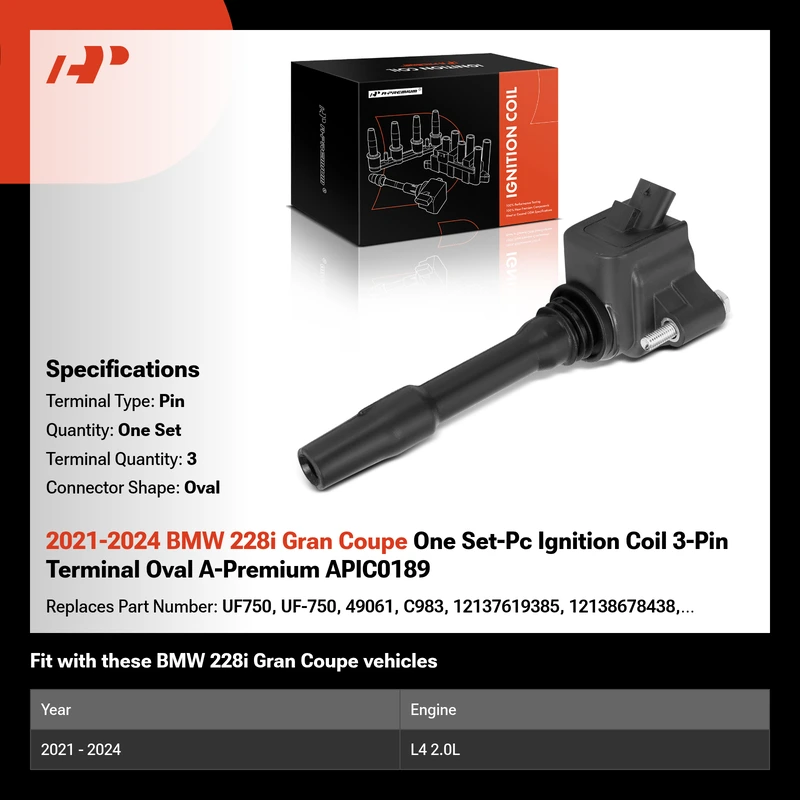 2021-2024 BMW 228i Gran Coupe One Set-Pc Ignition Coil 3-Pin Terminal Oval A-Premium APIC0189