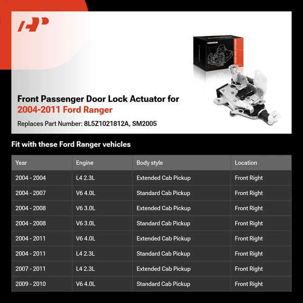 Front Passenger Door Lock Actuator for 2004-2011 Ford Ranger