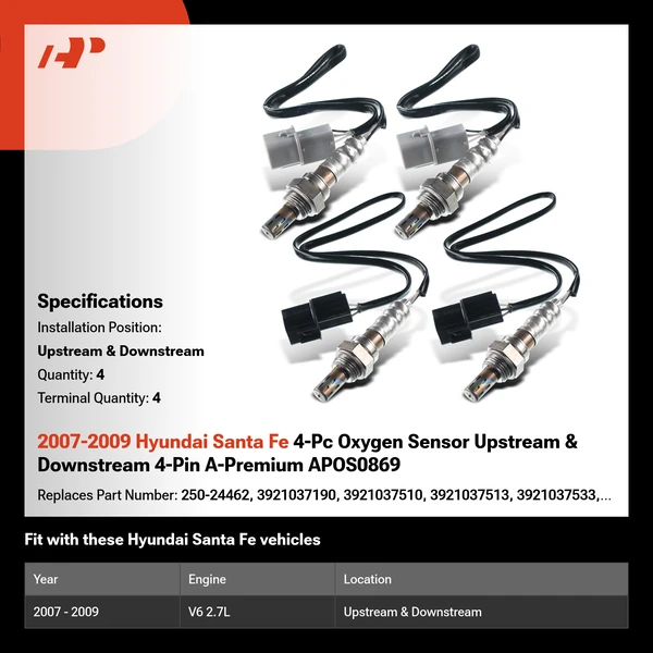 2007-2009 Hyundai Santa Fe 4-Pc Oxygen Sensor Upstream & Downstream 4-Pin A-Premium APOS0869