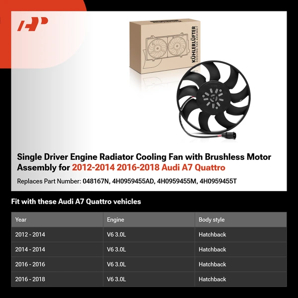 Single Driver Engine Radiator Cooling Fan with Brushless Motor Assembly for 2012-2014 2016-2018 Audi A7 Quattro