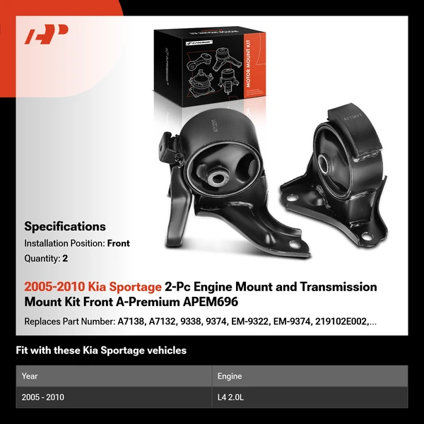 2005-2010 Kia Sportage 2-Pc Engine Mount and Transmission Mount Kit Front A-Premium APEM696