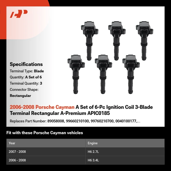 2006-2008 Porsche Cayman A Set of 6-Pc Ignition Coil 3-Blade Terminal Rectangular A-Premium APIC0185