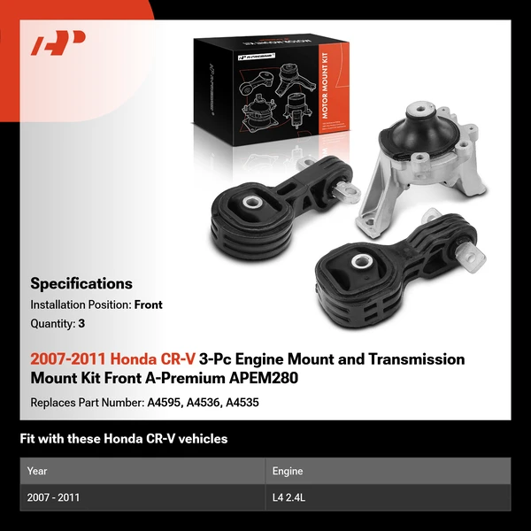 2007-2011 Honda CR-V 3-Pc Engine Mount and Transmission Mount Kit Front A-Premium APEM280
