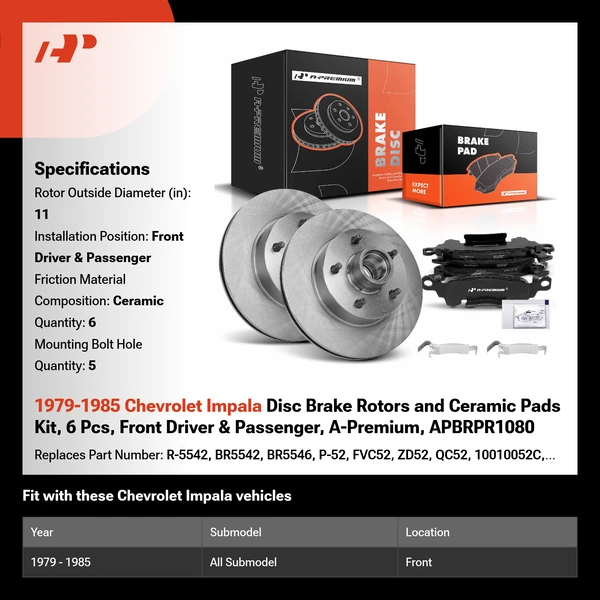 1979-1985 Chevrolet Impala Disc Brake Rotors and Ceramic Pads Kit, 6 Pcs, Front Driver & Passenger, A-Premium, APBRPR1080