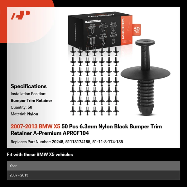 2007-2013 BMW X5 50 Pcs 6.3mm Nylon Black Bumper Trim Retainer A-Premium APRCF104