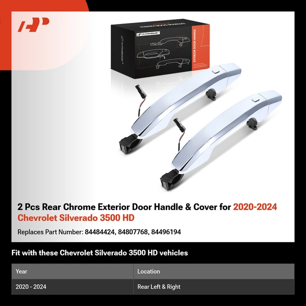 2 Pcs Rear Chrome Exterior Door Handle & Cover for 2020-2024 Chevrolet Silverado 3500 HD