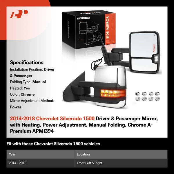 2014-2018 Chevrolet Silverado 1500 Driver & Passenger Mirror, with Heating, Power Adjustment, Manual Folding, Chrome A-Premium APMI394