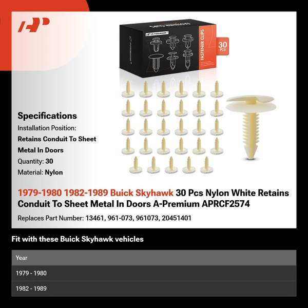 1979-1980 1982-1989 Buick Skyhawk 30 Pcs Nylon White Retains Conduit To Sheet Metal In Doors A-Premium APRCF2574