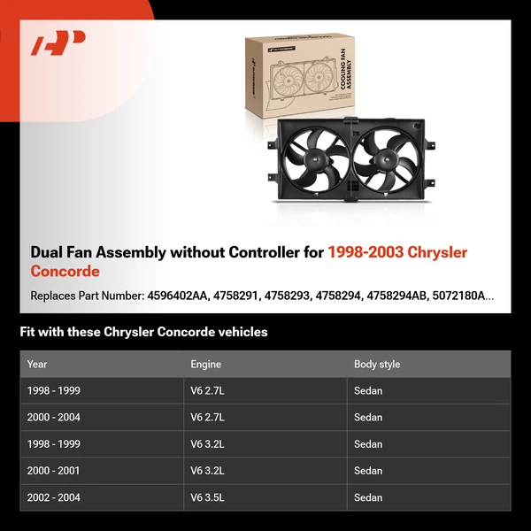 Dual Fan Assembly without Controller for 1998-2003 Chrysler Concorde